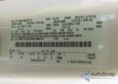 2023 Ford F-150 Xl z USA, uszkodzony, nr VIN 1FTMF1C52PKF59870